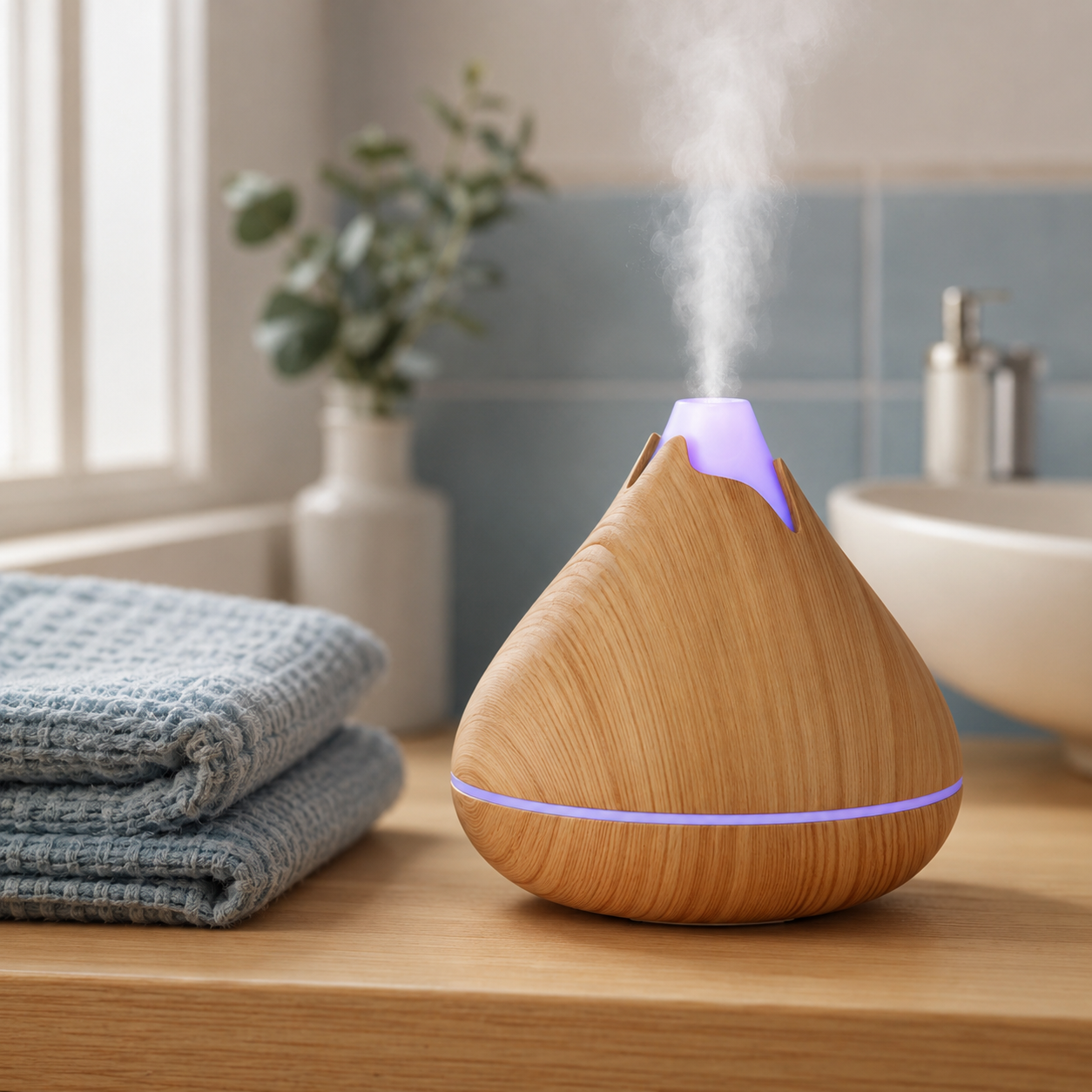 350ml Wood Grain Essential Oil Diffuser – Remote Control, 7-Color LED, Ultrasonic Humidifier | Mistelio