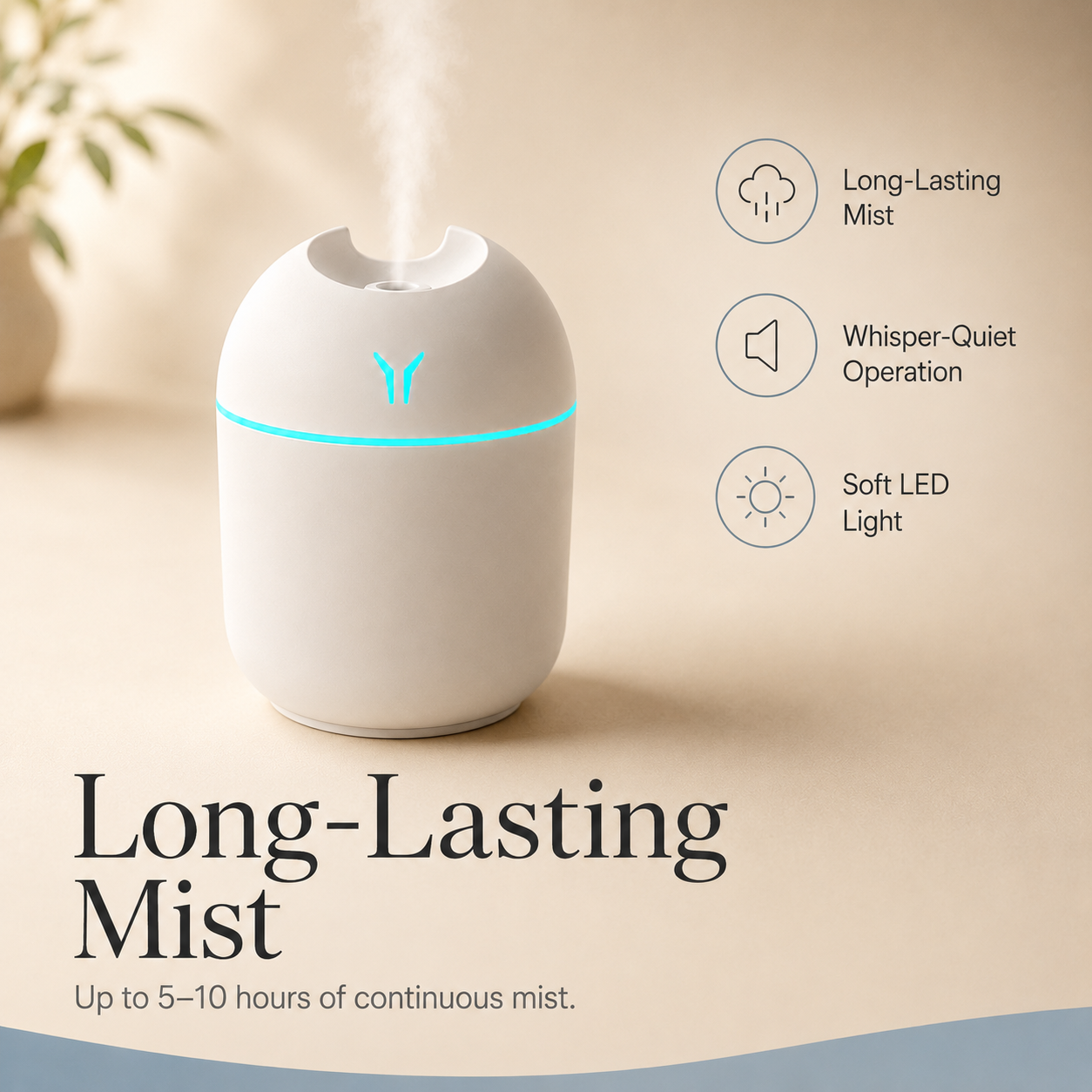 Mini USB Cool Mist Humidifier - 250ml Tank, LED Night Light for Bedroom, Car, Office | Mistelio