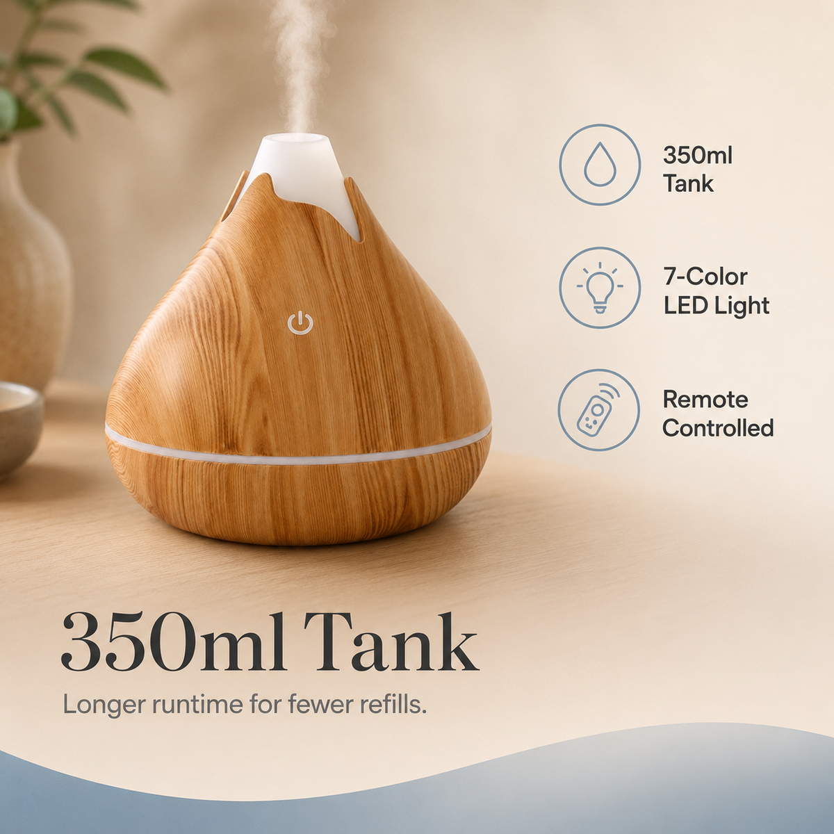 350ml Cone Diffuser - Wood-Look Humidifier with 7-Color LED | Mistelio