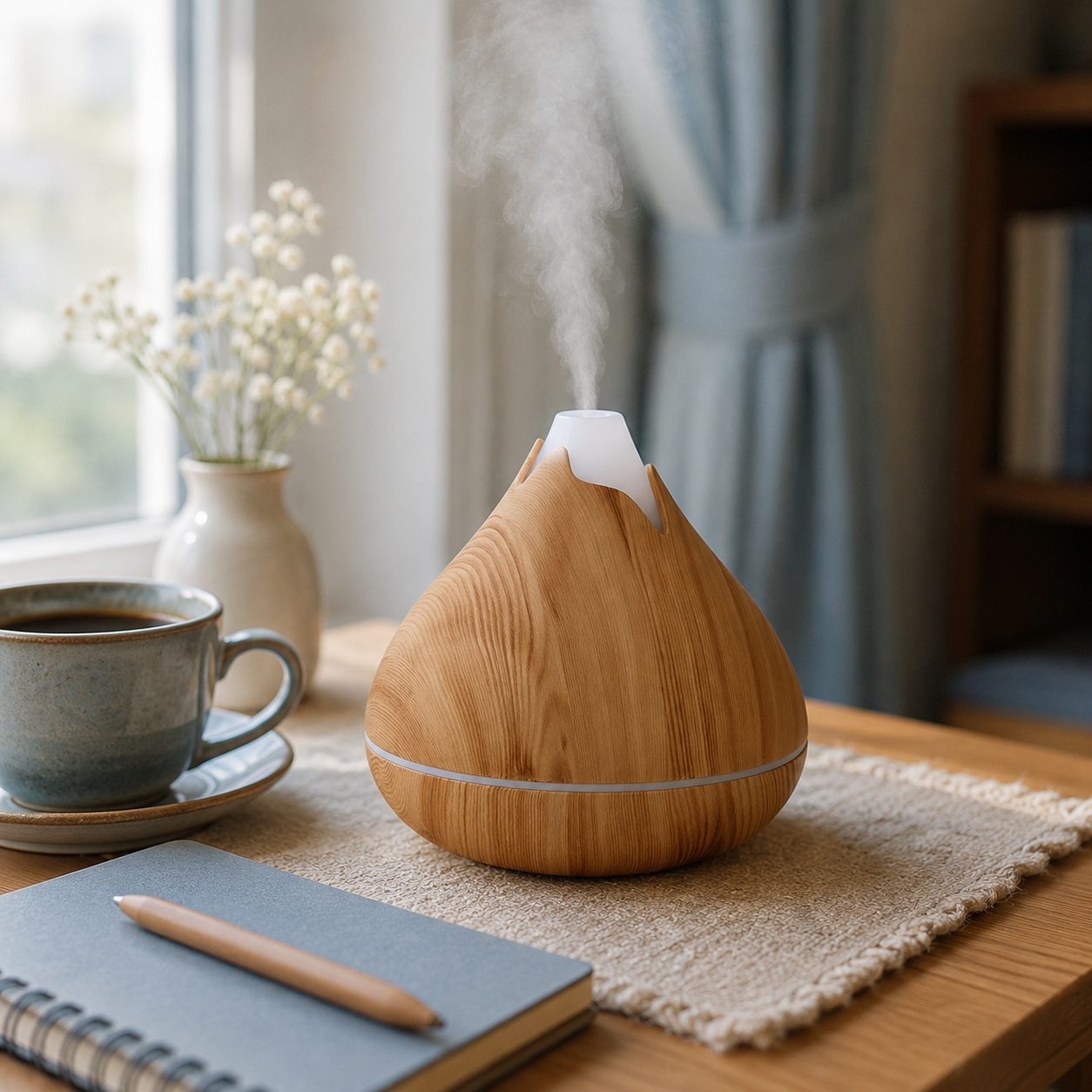 350ml Wood Grain Essential Oil Diffuser – Remote Control, 7-Color LED, Ultrasonic Humidifier | Mistelio
